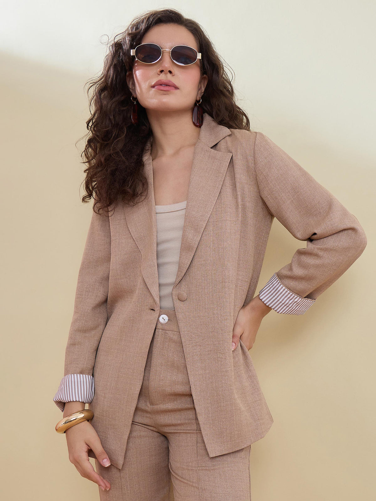 Beige Linen Single Breasted Blazer-SASSAFRAS worklyf