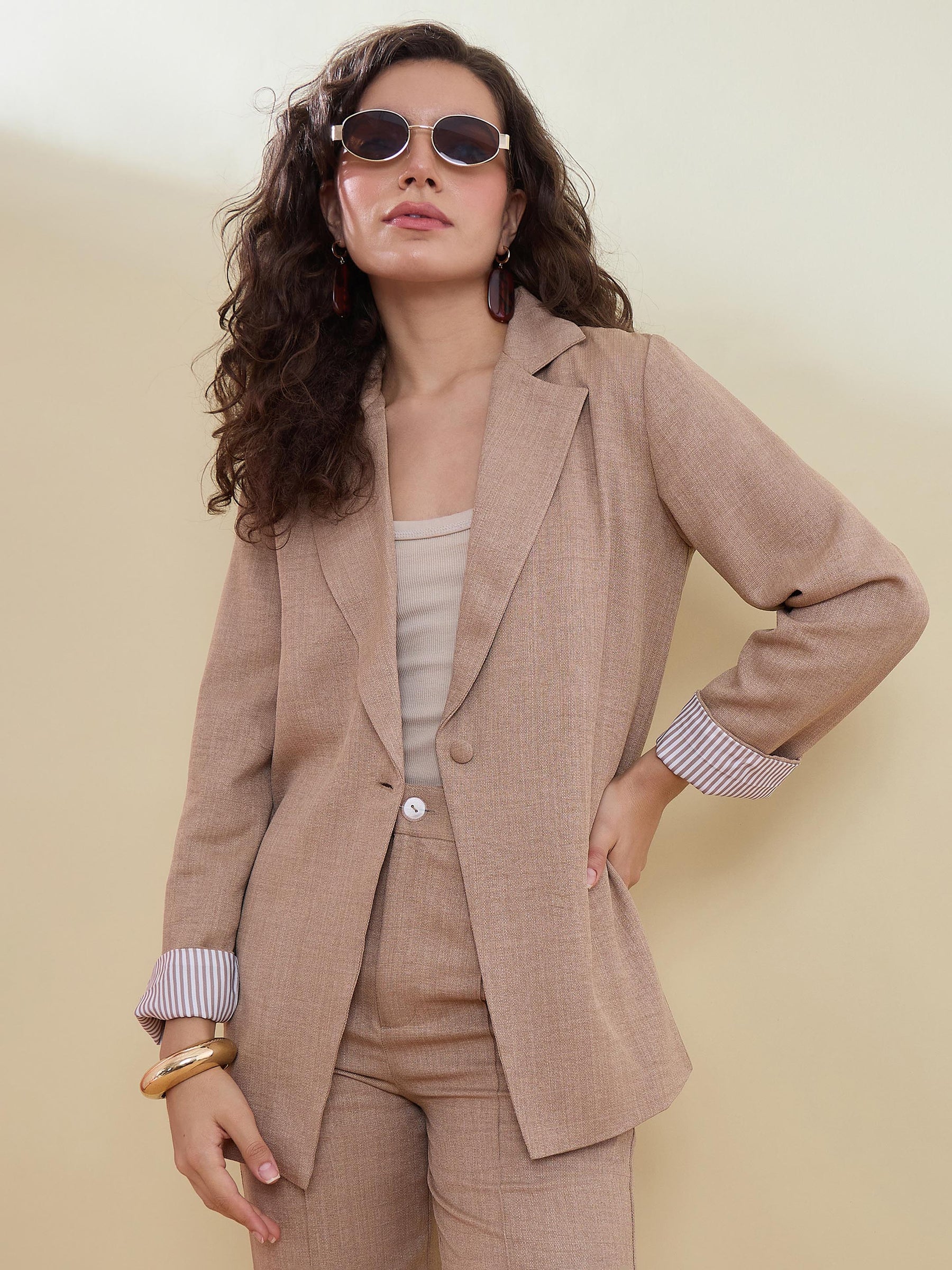 Beige Linen Single Breasted Blazer-SASSAFRAS worklyf
