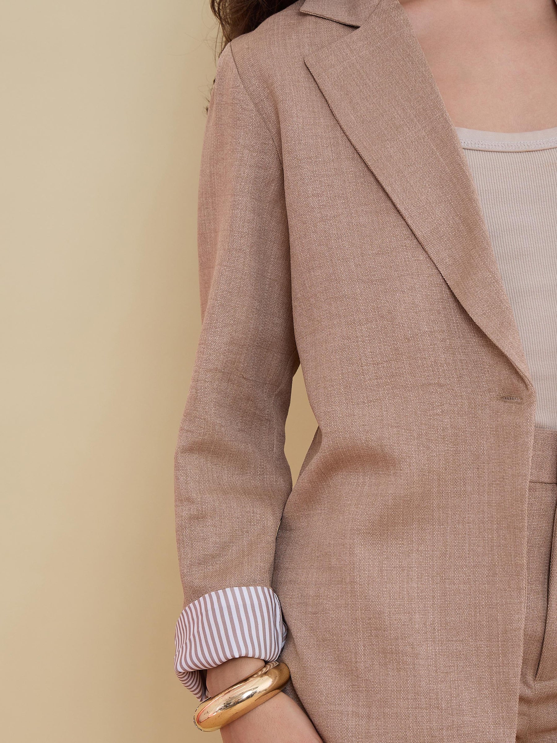Beige Linen Single Breasted Blazer-SASSAFRAS worklyf