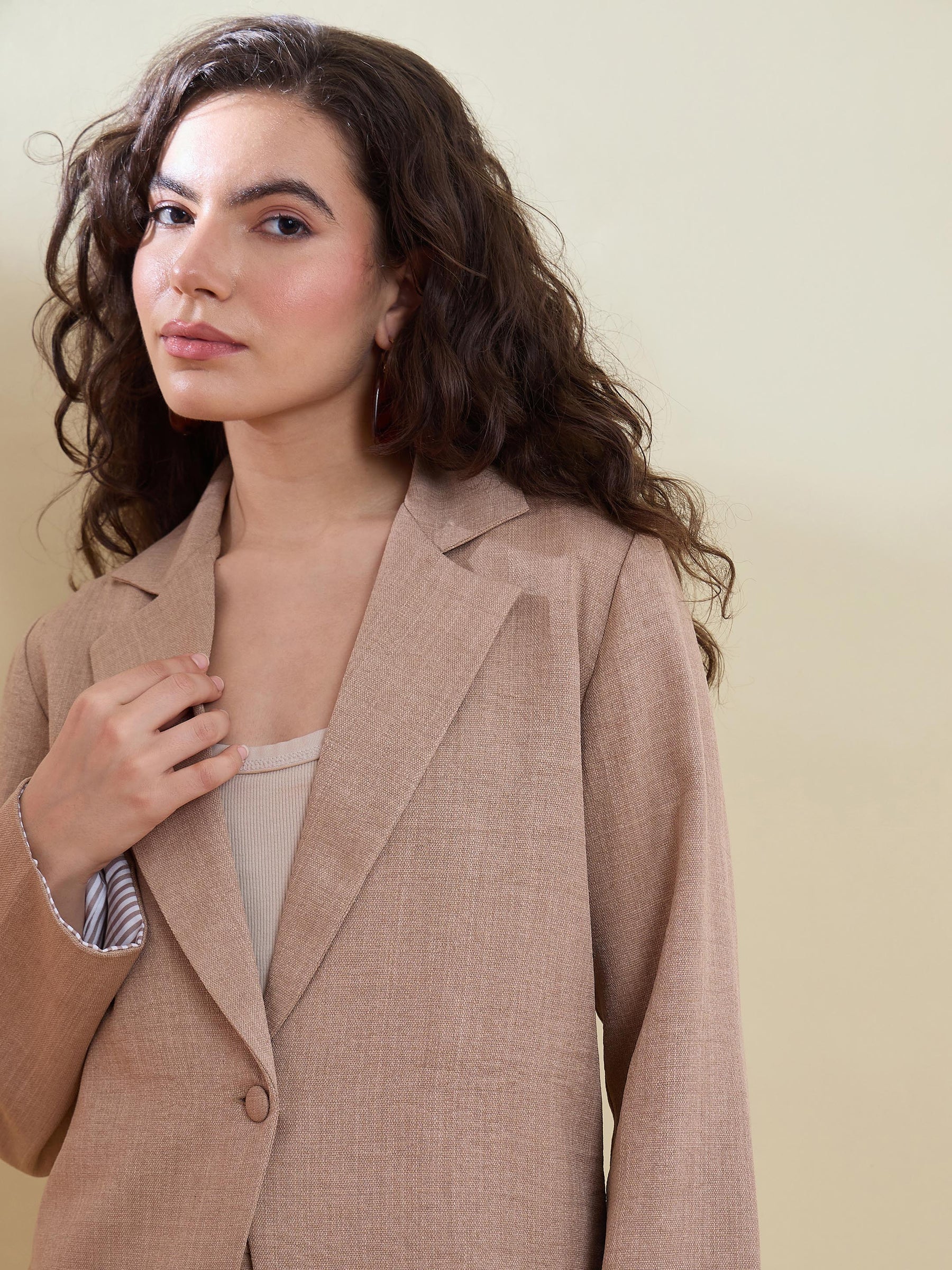 Beige Linen Single Breasted Blazer-SASSAFRAS worklyf