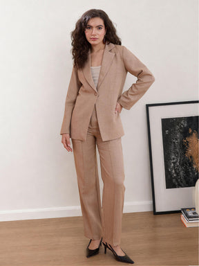 Beige Linen Single Breasted Blazer With Pants-SASSAFRAS worklyf