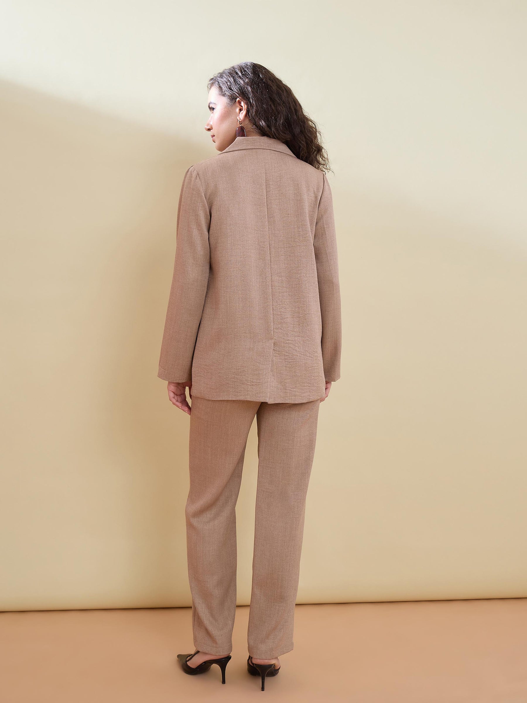 Women Beige Linen Single Breasted Blazer With Pants