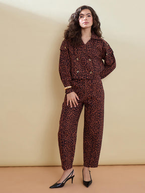 Black Animal Print Notch Collar Crop Blazer -SASSAFRAS