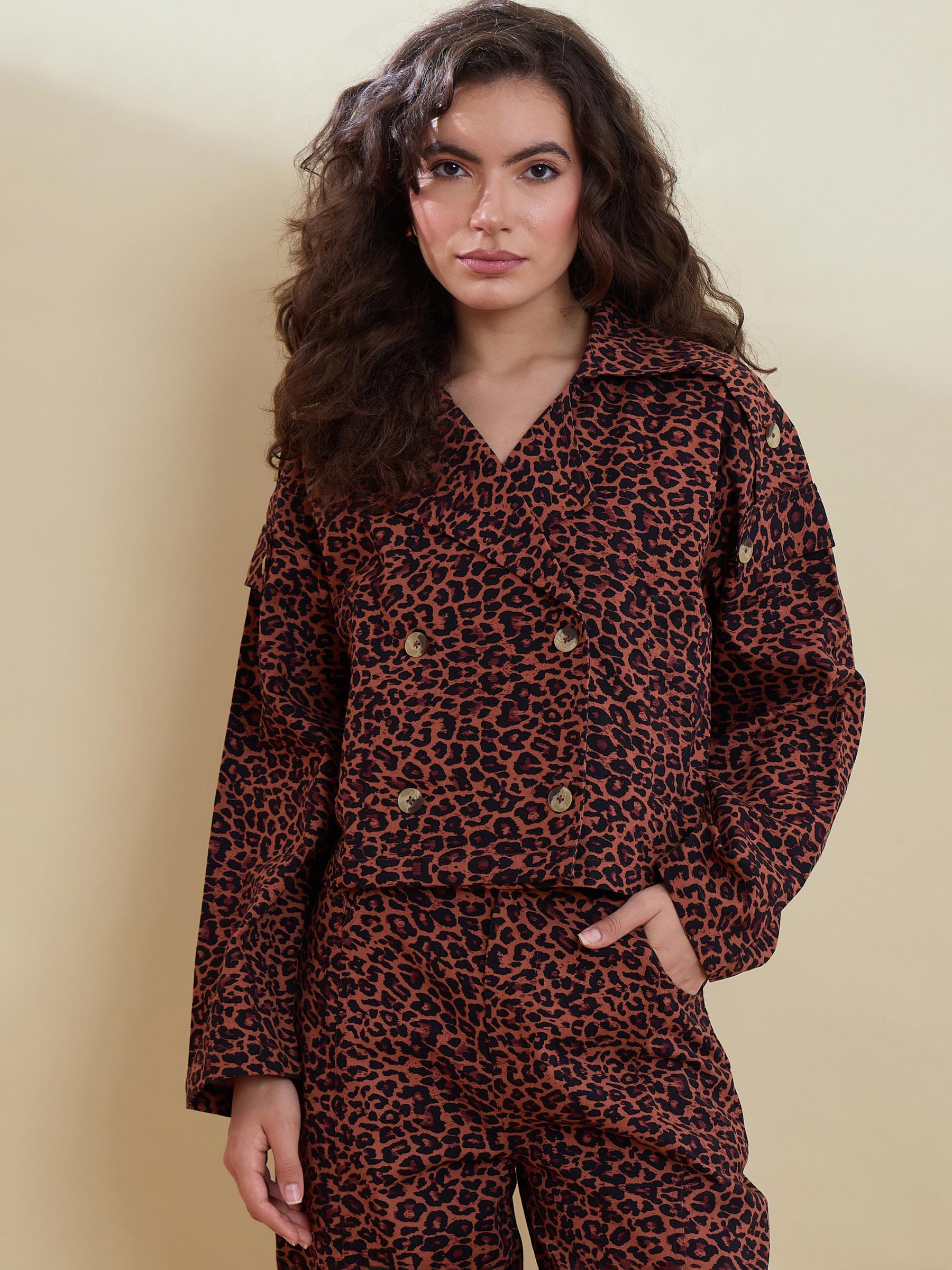 Black Animal Print Crop Blazer With Mom Fit Pants-SASSAFRAS