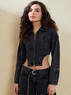 Black Washed Denim Corset Jacket -SASSAFRAS