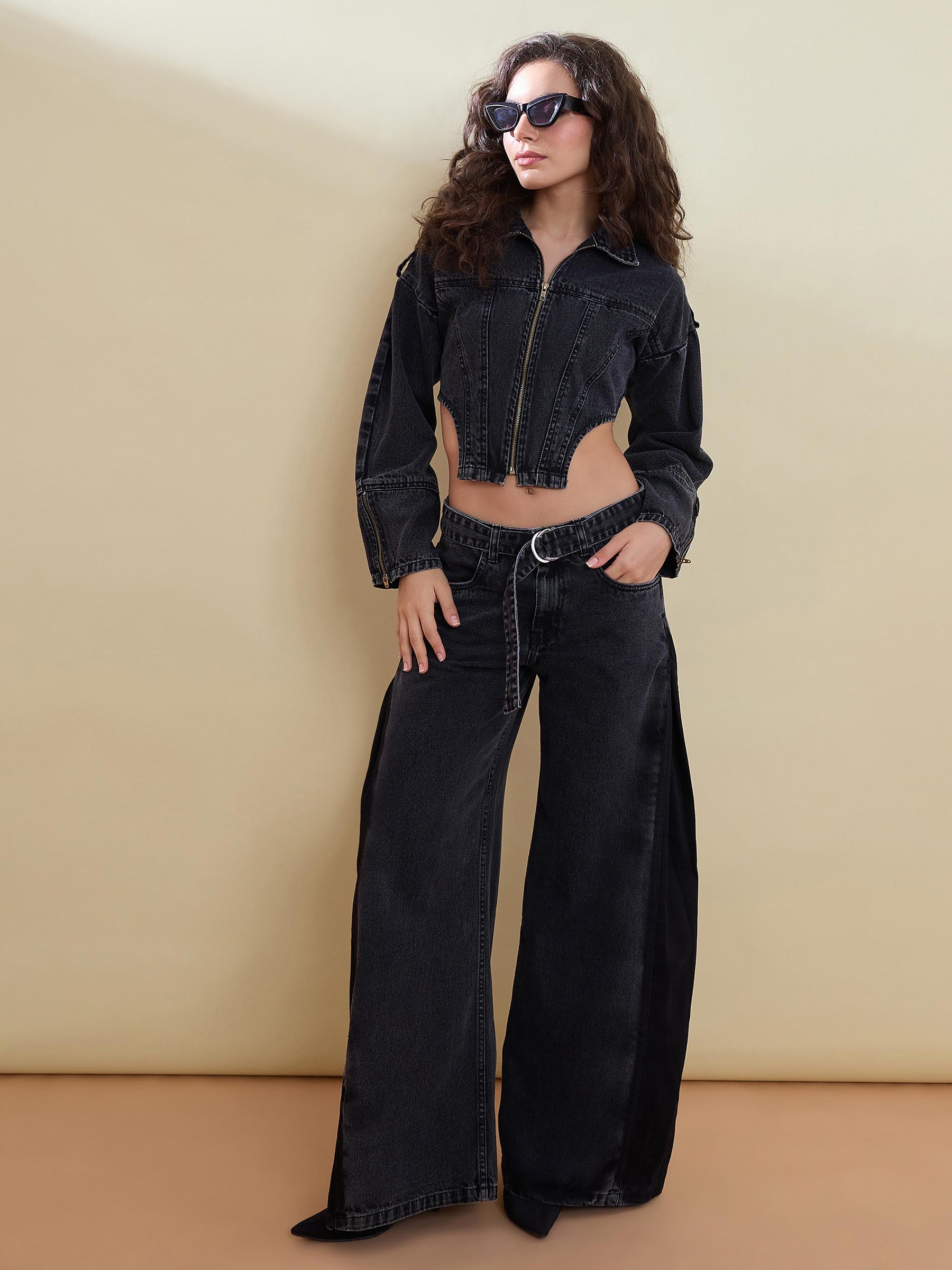Black Washed Denim Corset Jacket -SASSAFRAS