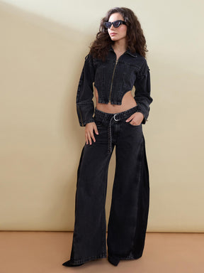 Black Washed Denim Corset Jacket -SASSAFRAS