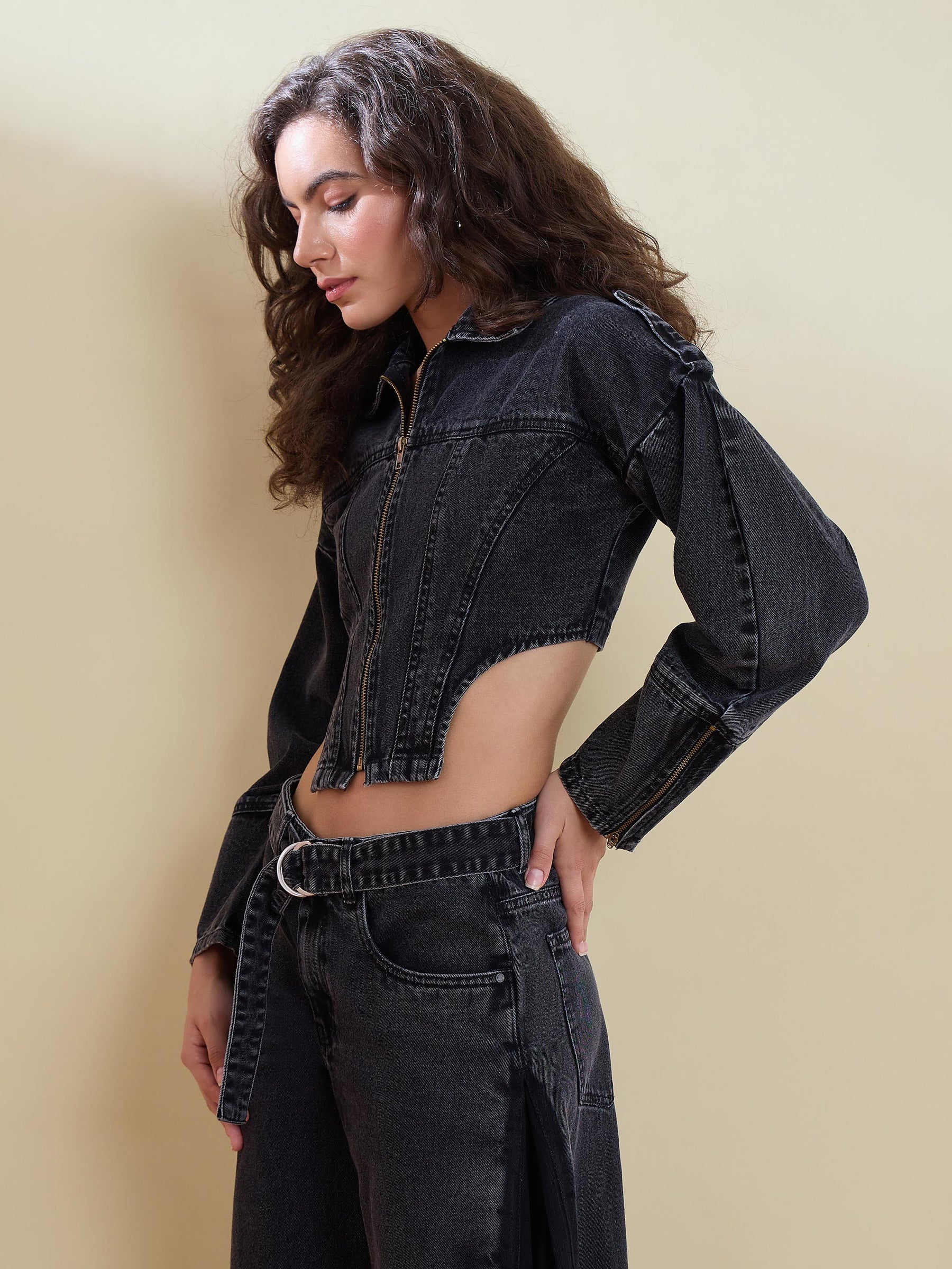 Black Washed Denim Corset Jacket -SASSAFRAS