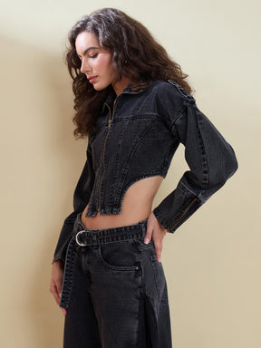 Black Washed Denim Corset Jacket -SASSAFRAS