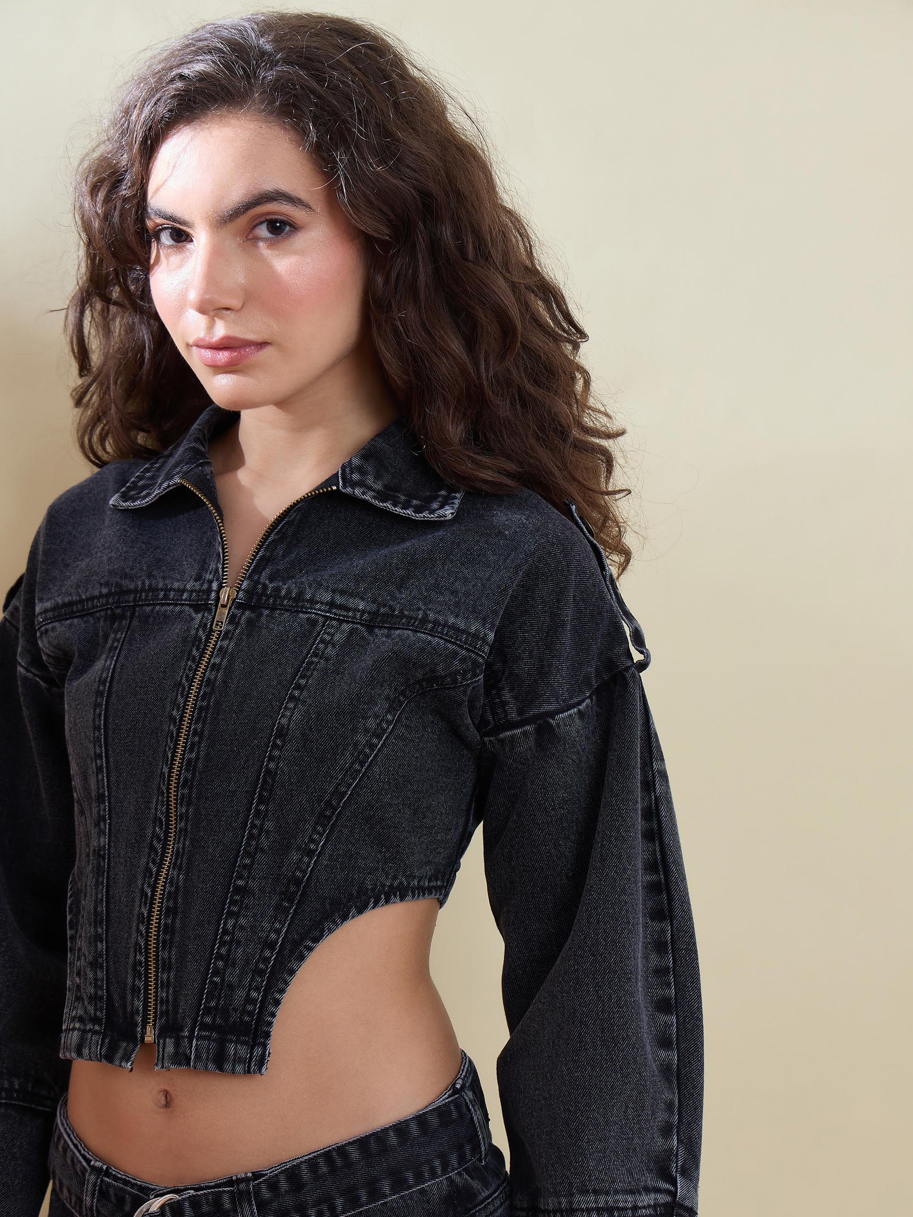 Black Washed Denim Corset Jacket -SASSAFRAS