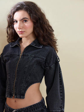 Black Washed Denim Corset Jacket -SASSAFRAS