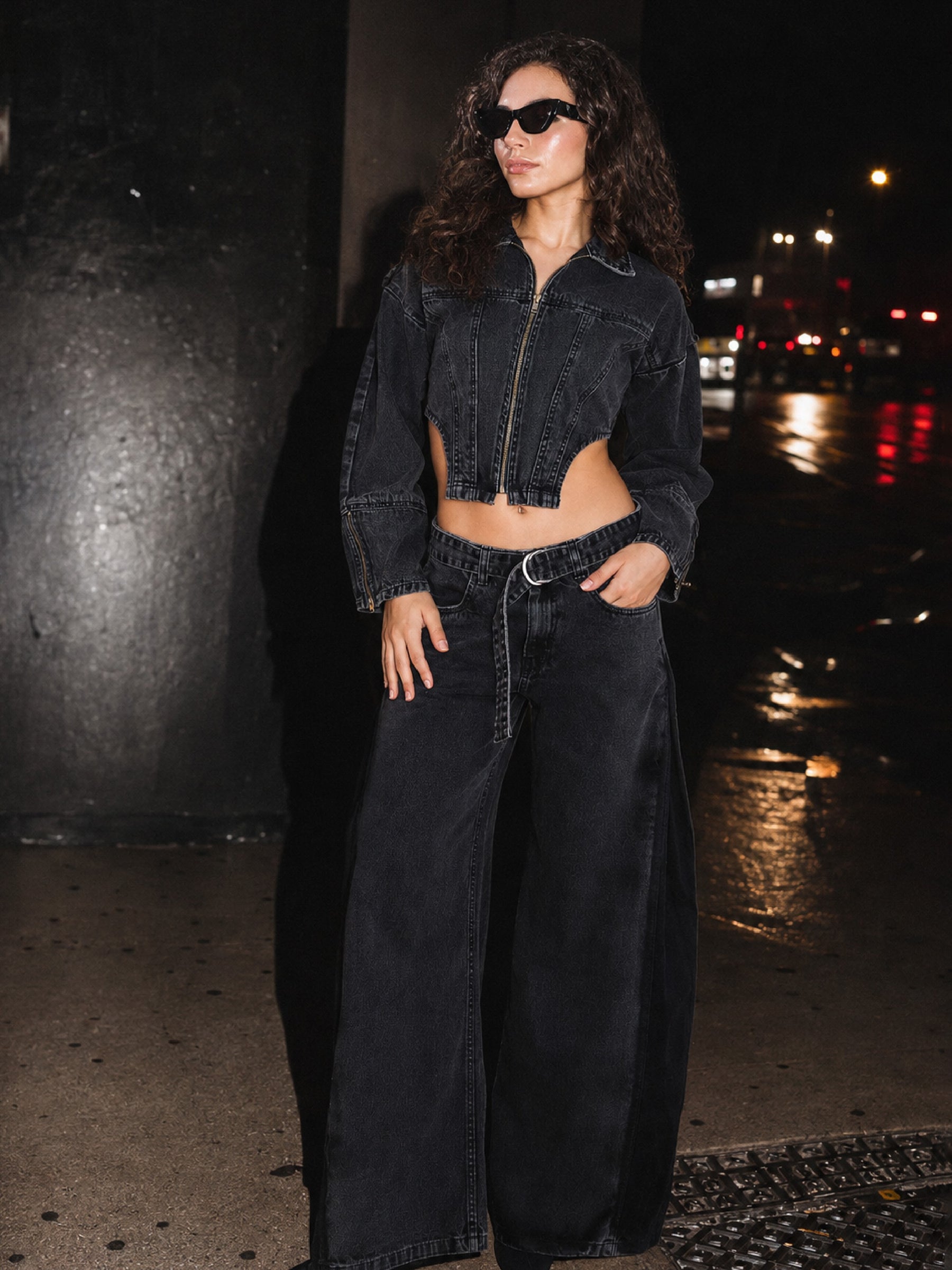 Black Washed Denim Corset Jacket With Low Waist Jeans-SASSAFRAS