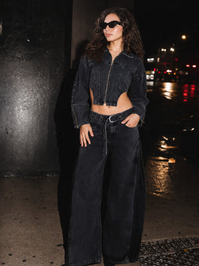 Black Washed Denim Corset Jacket With Low Waist Jeans-SASSAFRAS