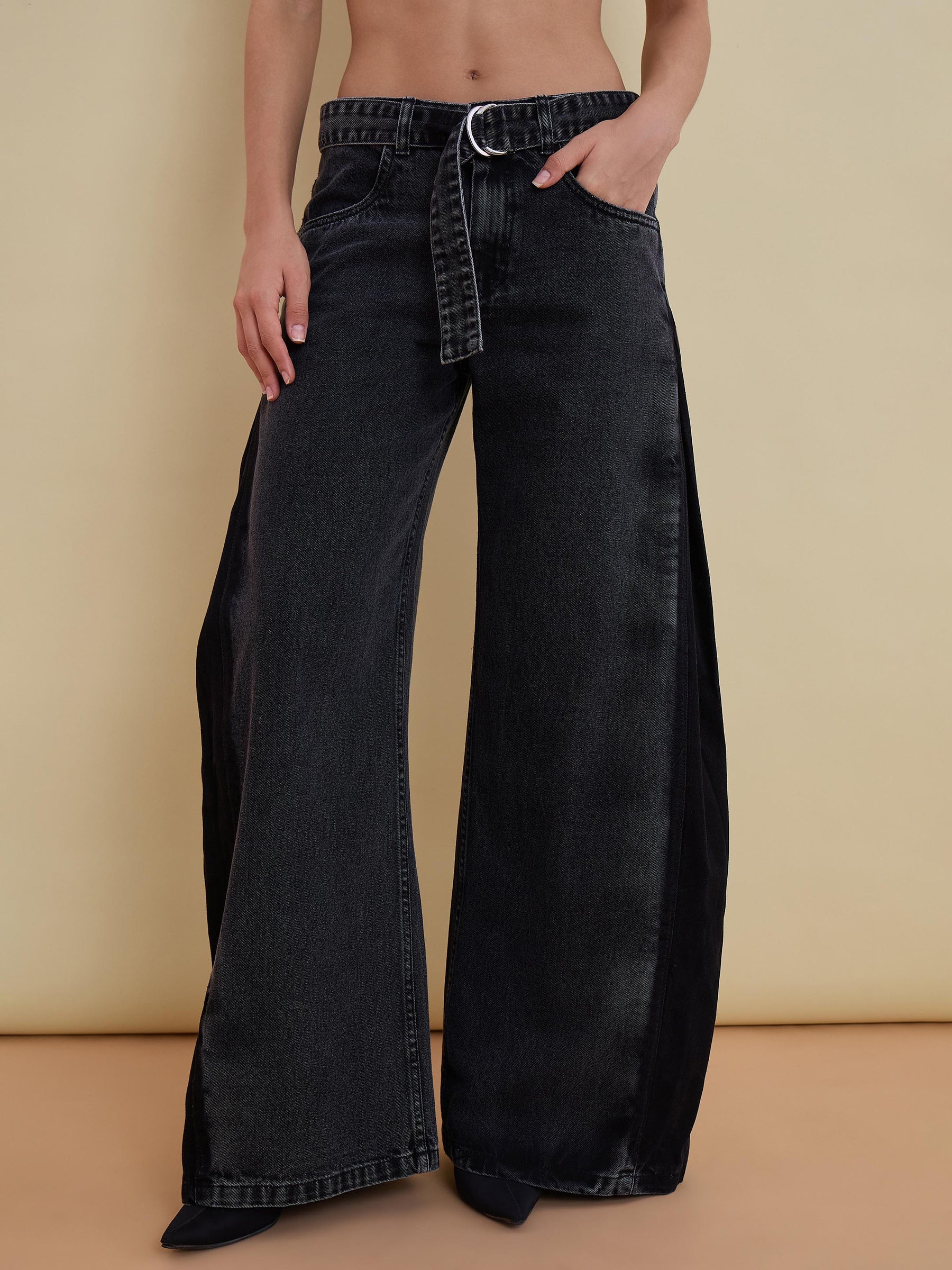 Black Washed Denim Corset Jacket With Low Waist Jeans-SASSAFRAS