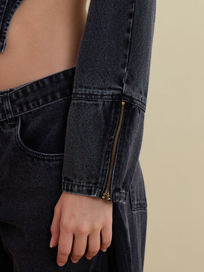 Black Washed Denim Corset Jacket With Low Waist Jeans-SASSAFRAS