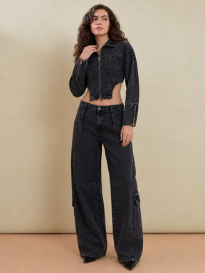 Black Denim Corset Jacket With Cargo Jeans-SASSAFRAS