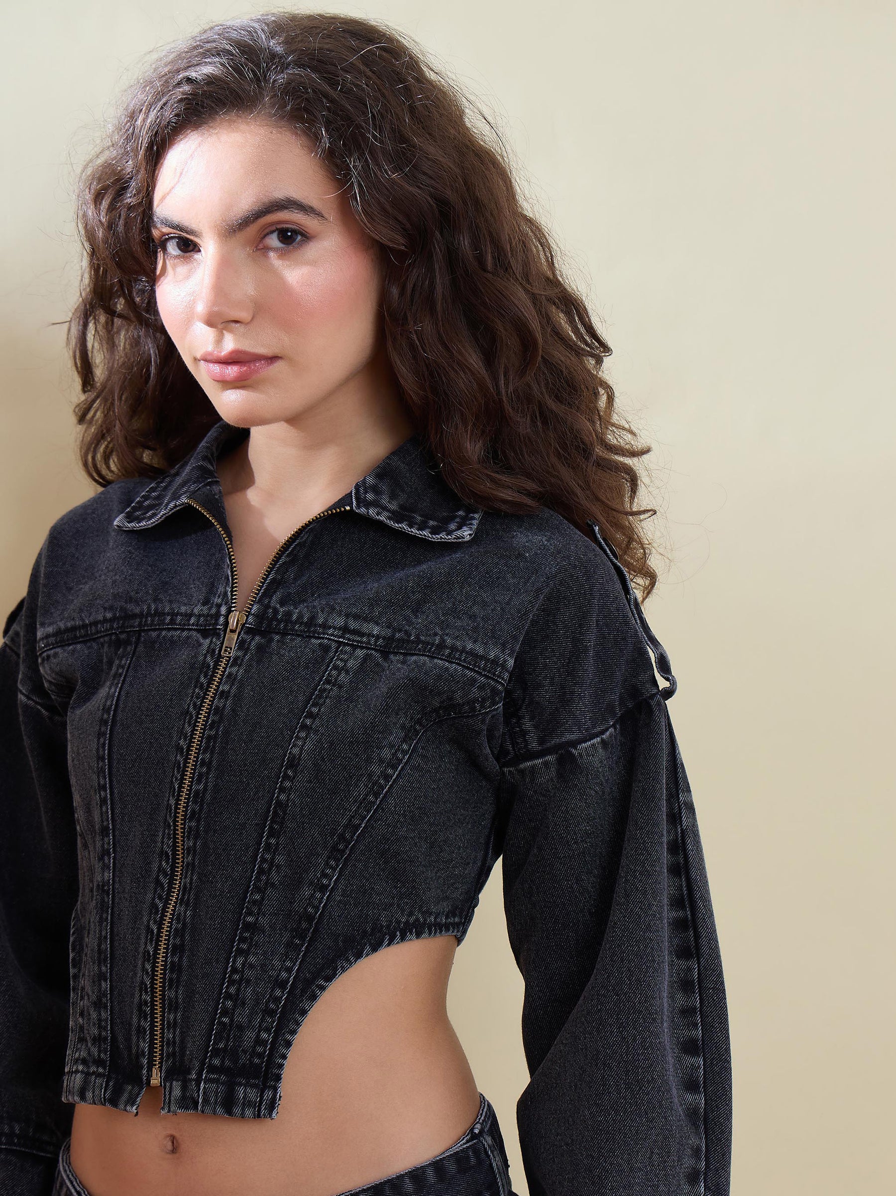 Black Denim Corset Jacket With Cargo Jeans-SASSAFRAS