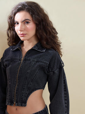 Black Denim Corset Jacket With Cargo Jeans-SASSAFRAS