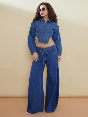 Blue Washed Denim Corset Jacket With Low Waist Jeans-SASSAFRAS