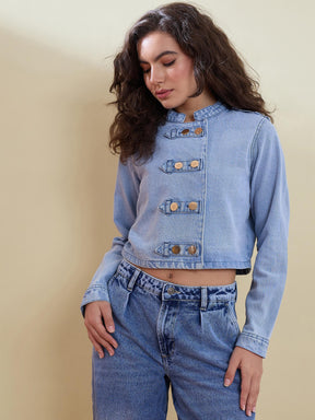 Ice Blue Washed Denim Double Button Jacket-SASSAFRAS