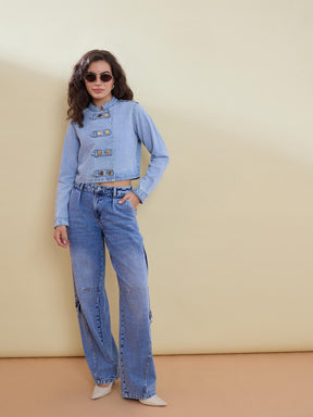 Ice Blue Washed Denim Double Button Jacket-SASSAFRAS