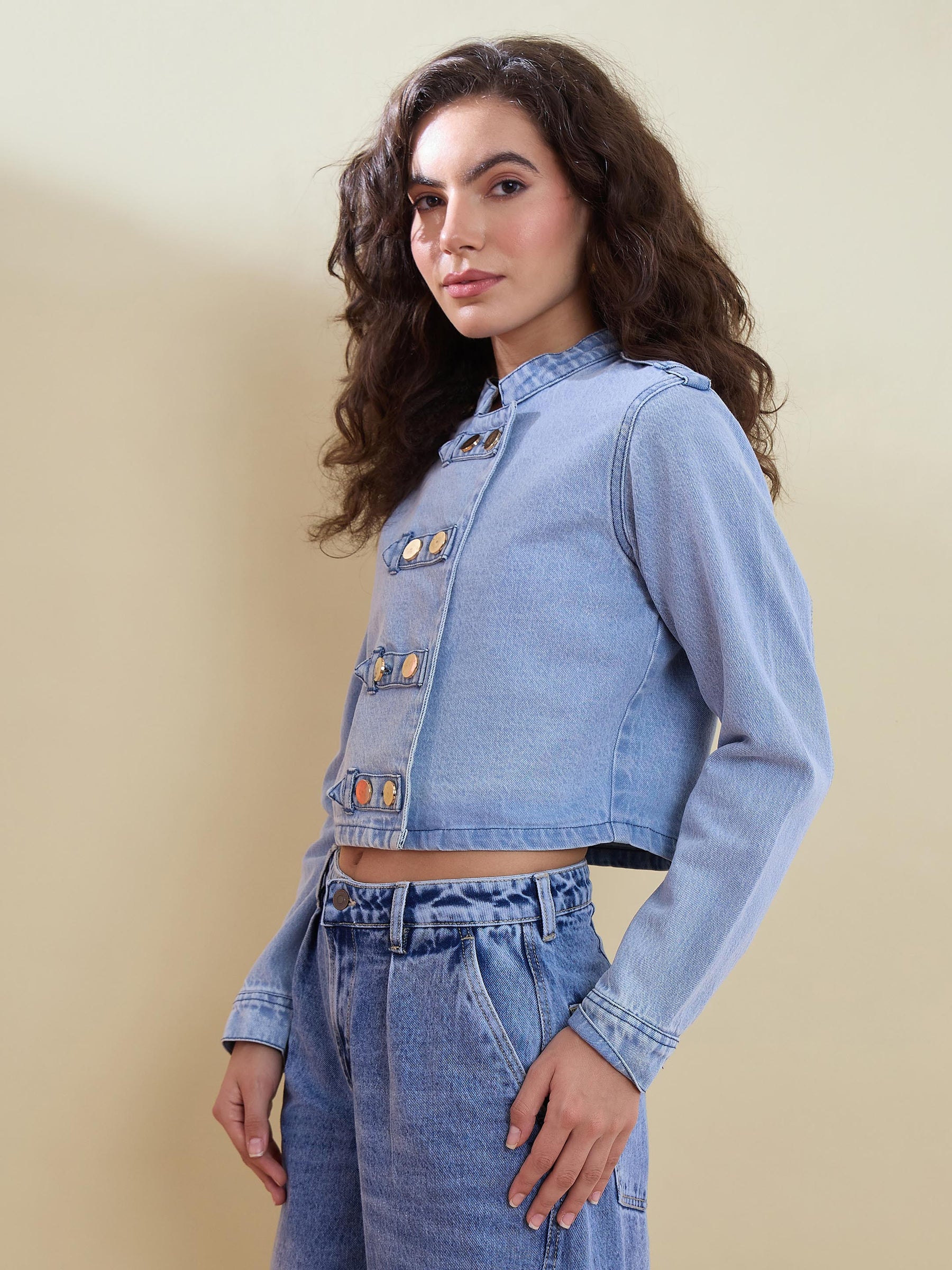 Ice Blue Washed Denim Double Button Jacket-SASSAFRAS