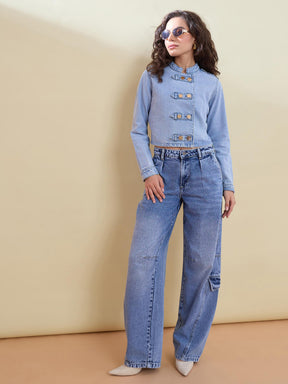 Ice Blue Washed Denim Jacket With Cargo Jeans-SASSAFRAS