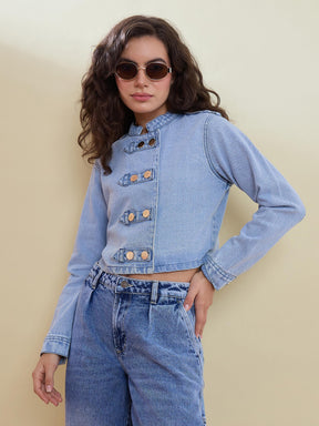 Ice Blue Washed Denim Jacket With Cargo Jeans-SASSAFRAS