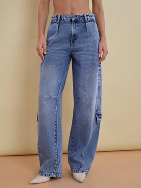Ice Blue Washed Denim Jacket With Cargo Jeans-SASSAFRAS