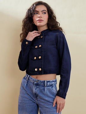 Navy Denim Double Button Jacket-SASSAFRAS