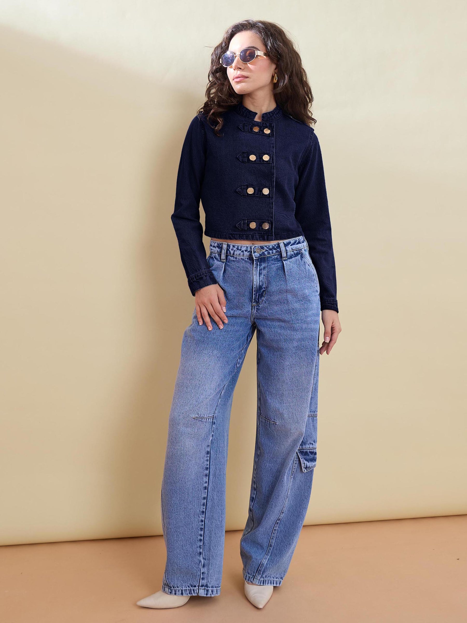 Navy Denim Double Button Jacket-SASSAFRAS