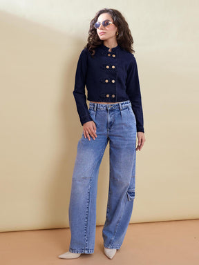 Navy Denim Double Button Jacket-SASSAFRAS