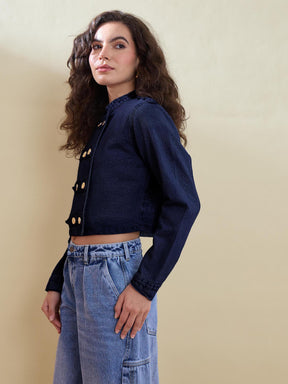Navy Denim Double Button Jacket-SASSAFRAS