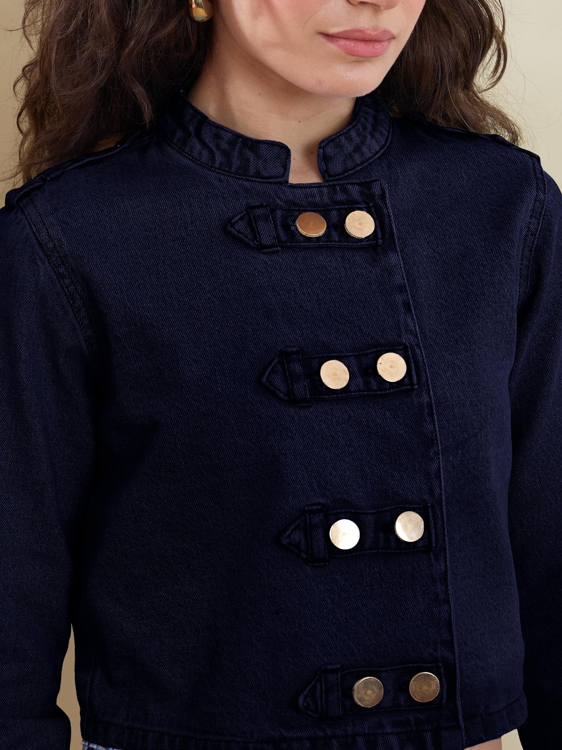 Navy Denim Double Button Jacket-SASSAFRAS