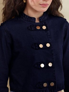 Navy Denim Double Button Jacket-SASSAFRAS
