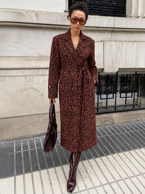 Black Animal Print Notch Collar Trench Coat-SASSAFRAS