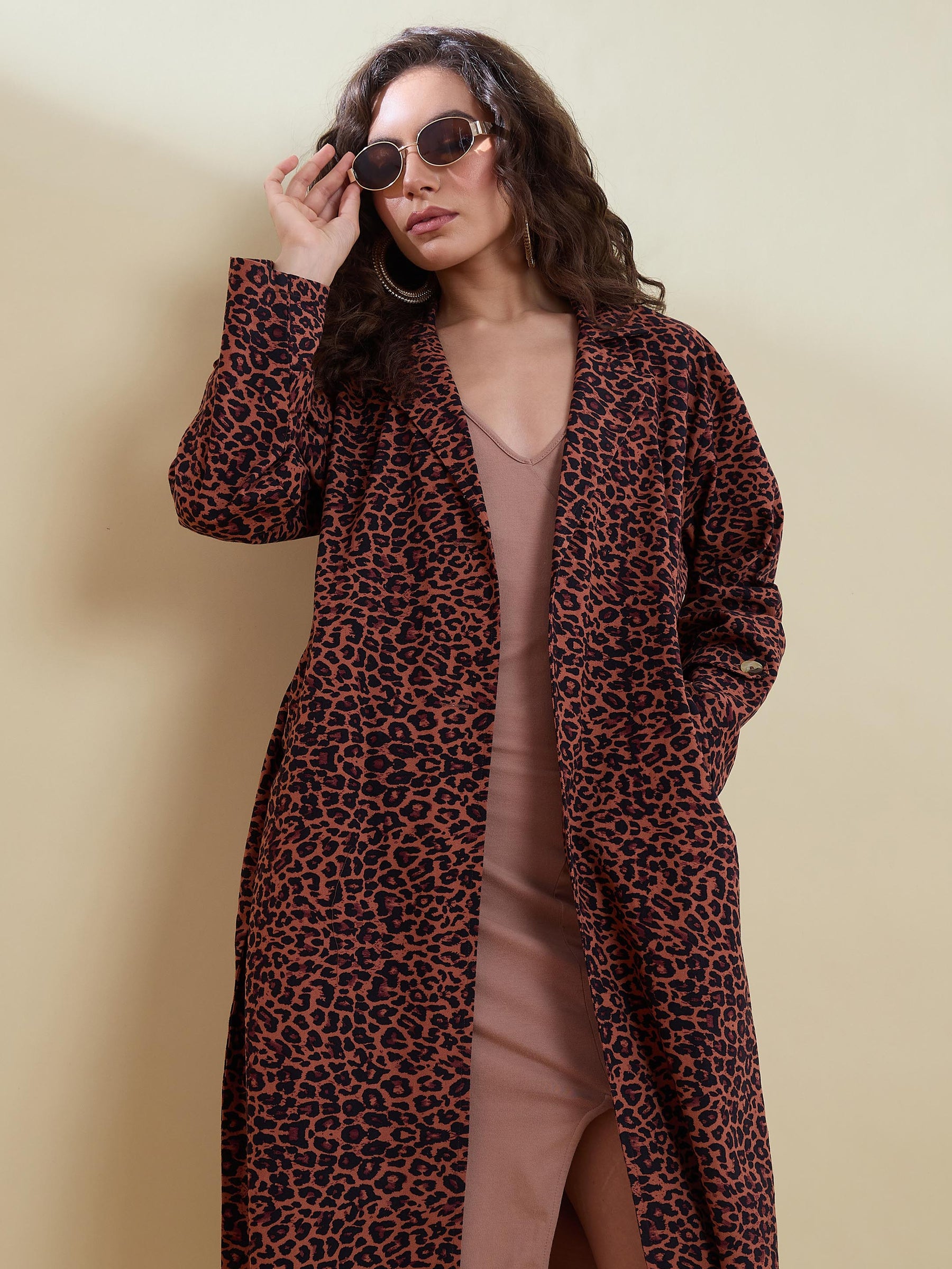 Black Animal Print Notch Collar Trench Coat-SASSAFRAS
