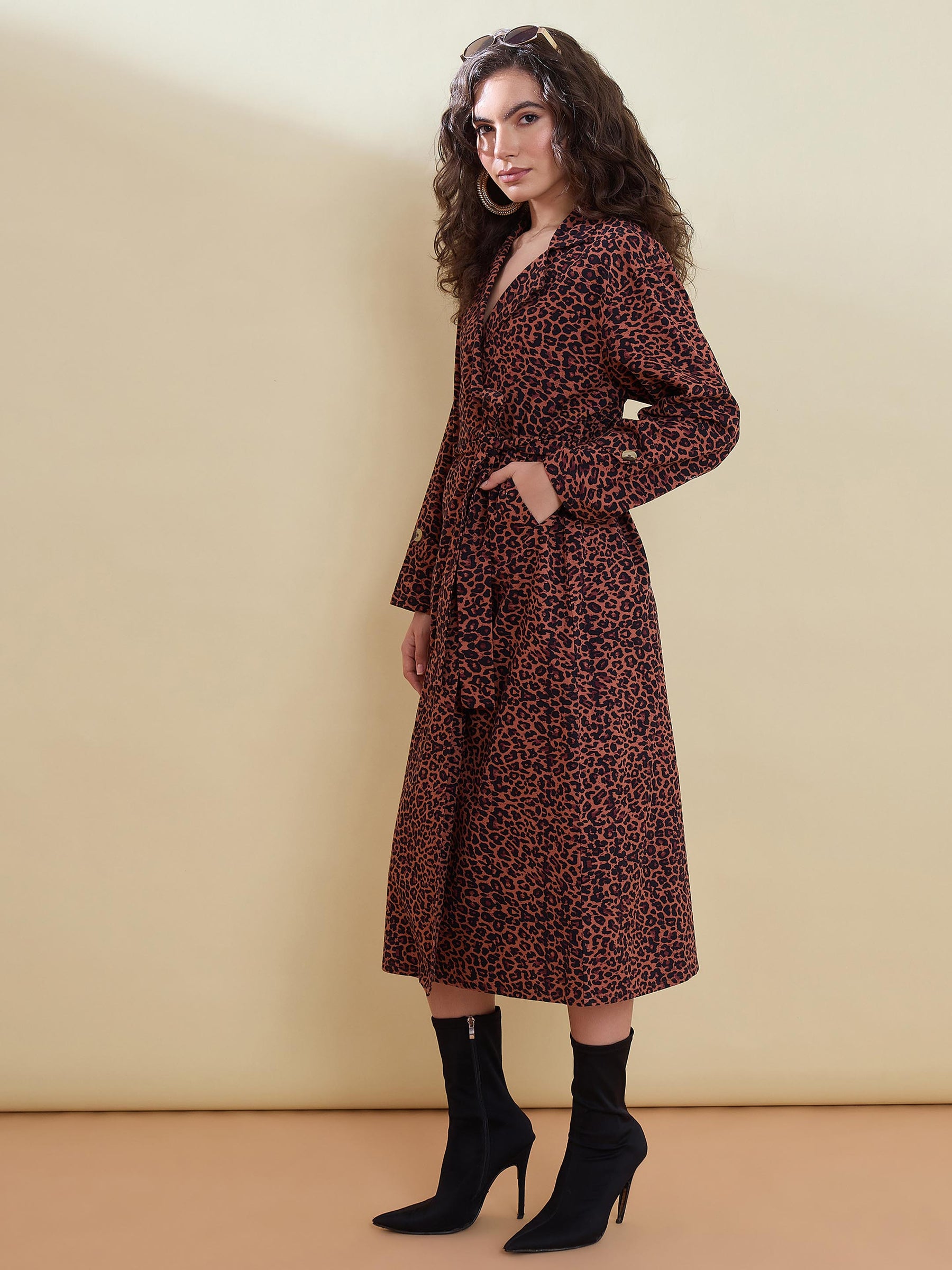 Black Animal Print Notch Collar Trench Coat-SASSAFRAS
