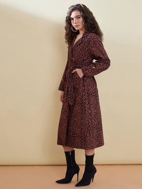 Black Animal Print Notch Collar Trench Coat-SASSAFRAS