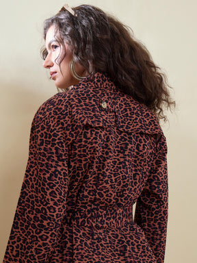 Black Animal Print Notch Collar Trench Coat-SASSAFRAS