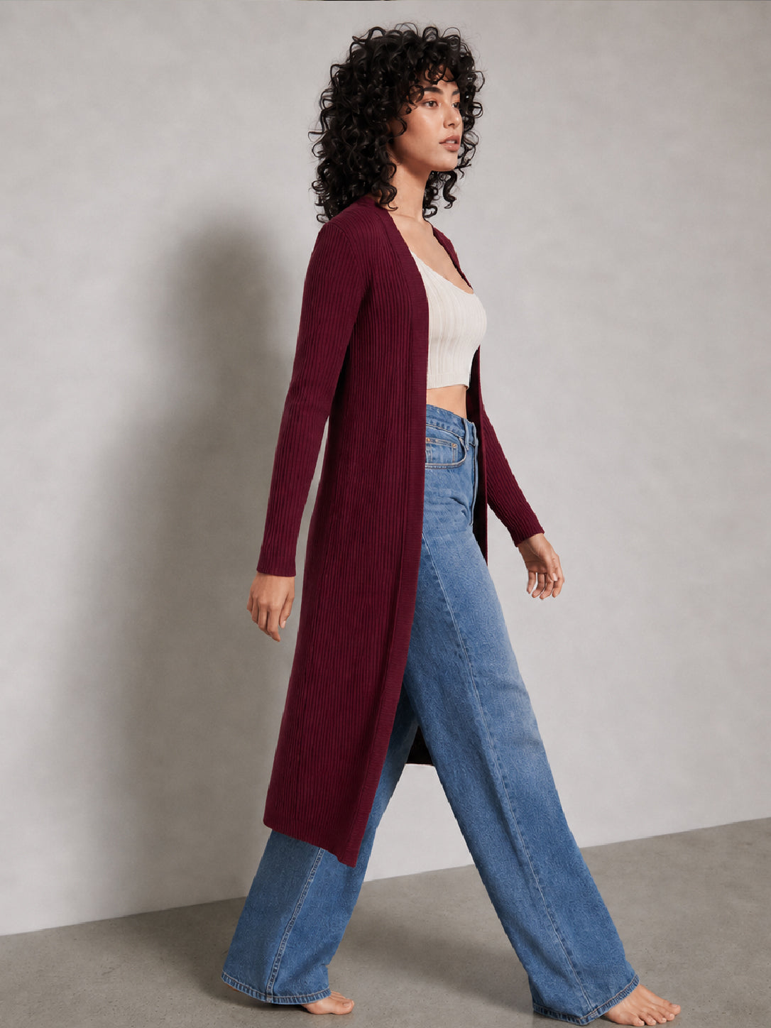 Burgundy Rib Front Open Shrug-SASSAFRAS