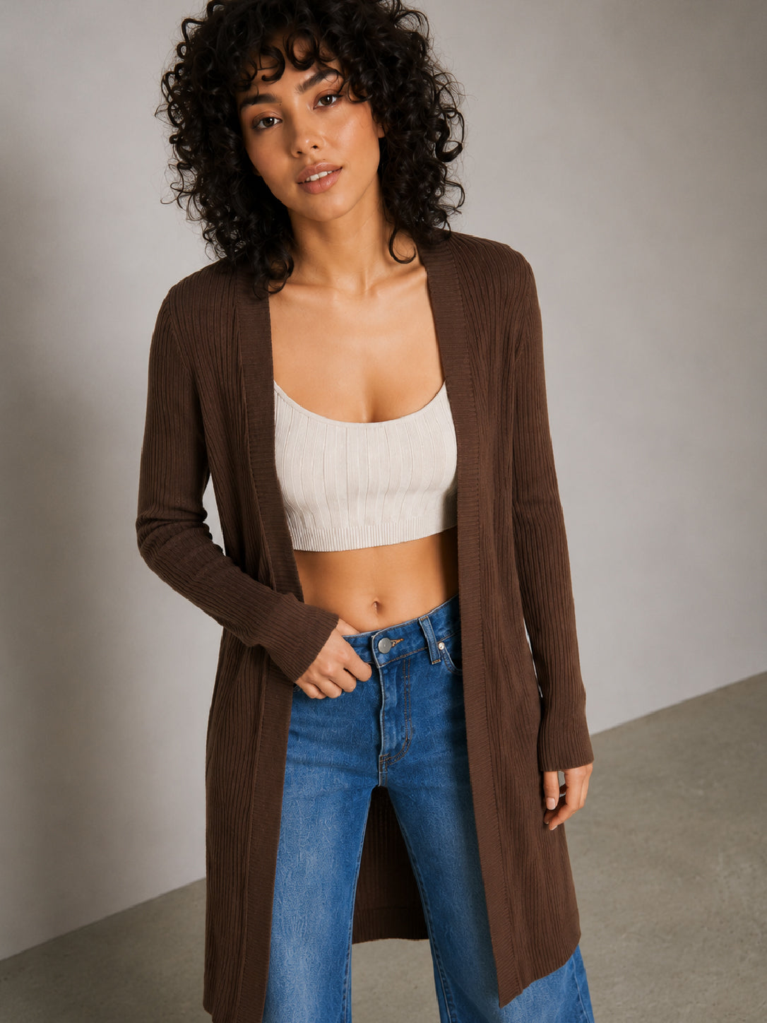 Brown Rib Front Open Shrug-SASSAFRAS