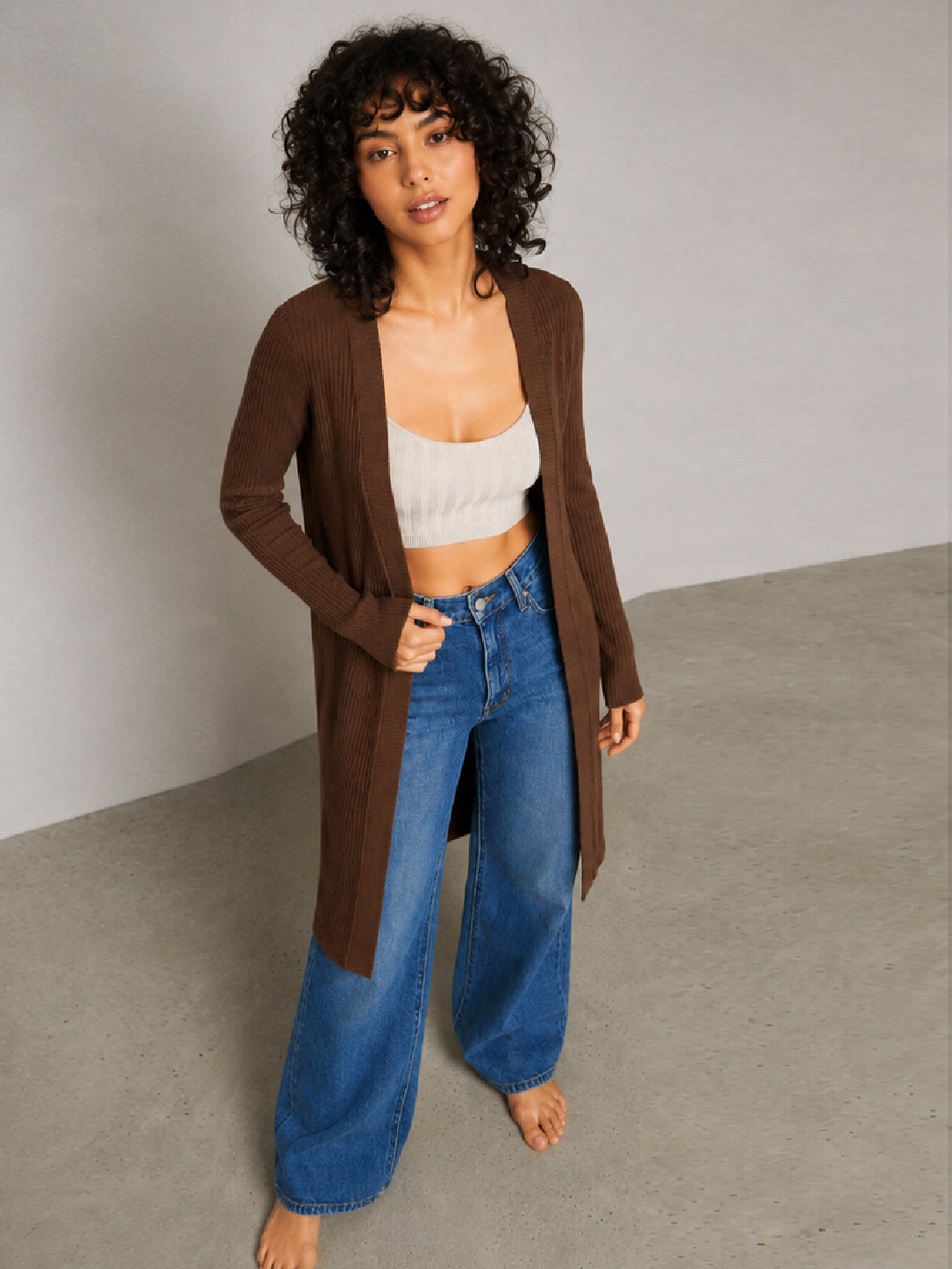 Brown Rib Front Open Shrug-SASSAFRAS