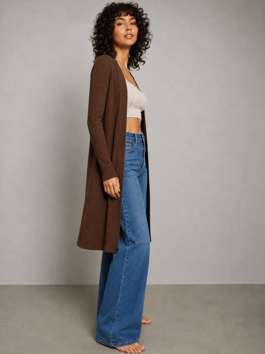 Brown Rib Front Open Shrug-SASSAFRAS