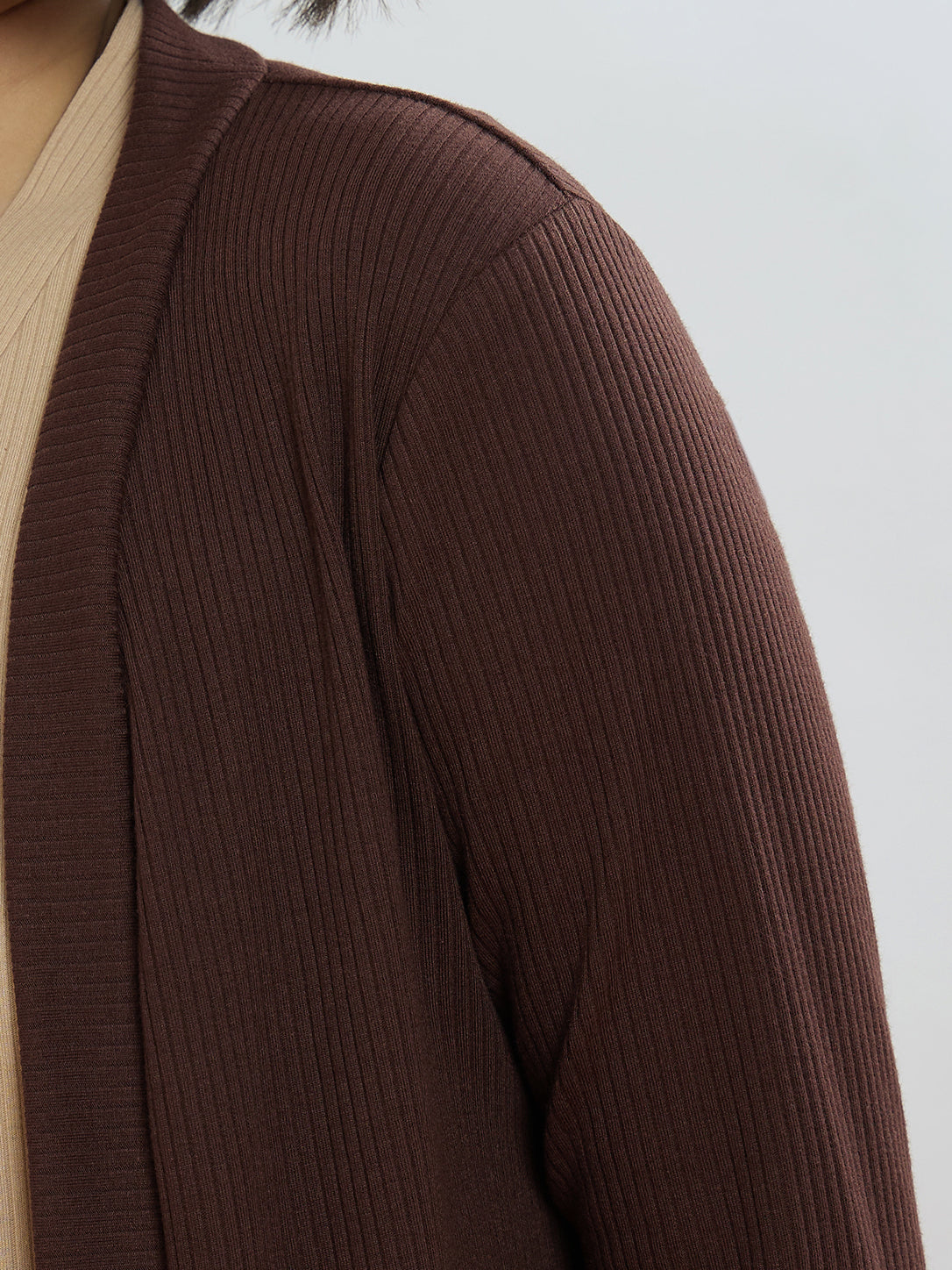 Brown Rib Front Open Shrug-SASSAFRAS
