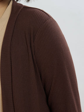 Brown Rib Front Open Shrug-SASSAFRAS