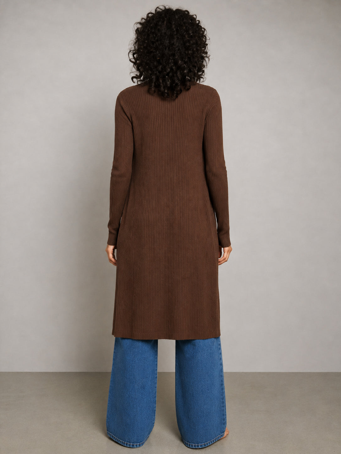 Brown Rib Front Open Shrug-SASSAFRAS