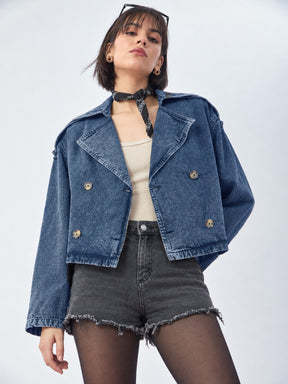 Blue Wash Denim Double-Breasted Crop Blazer-SASSAFRAS