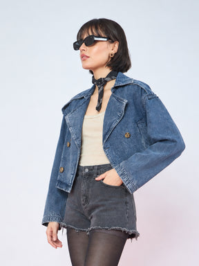 Blue Wash Denim Double-Breasted Crop Blazer-SASSAFRAS