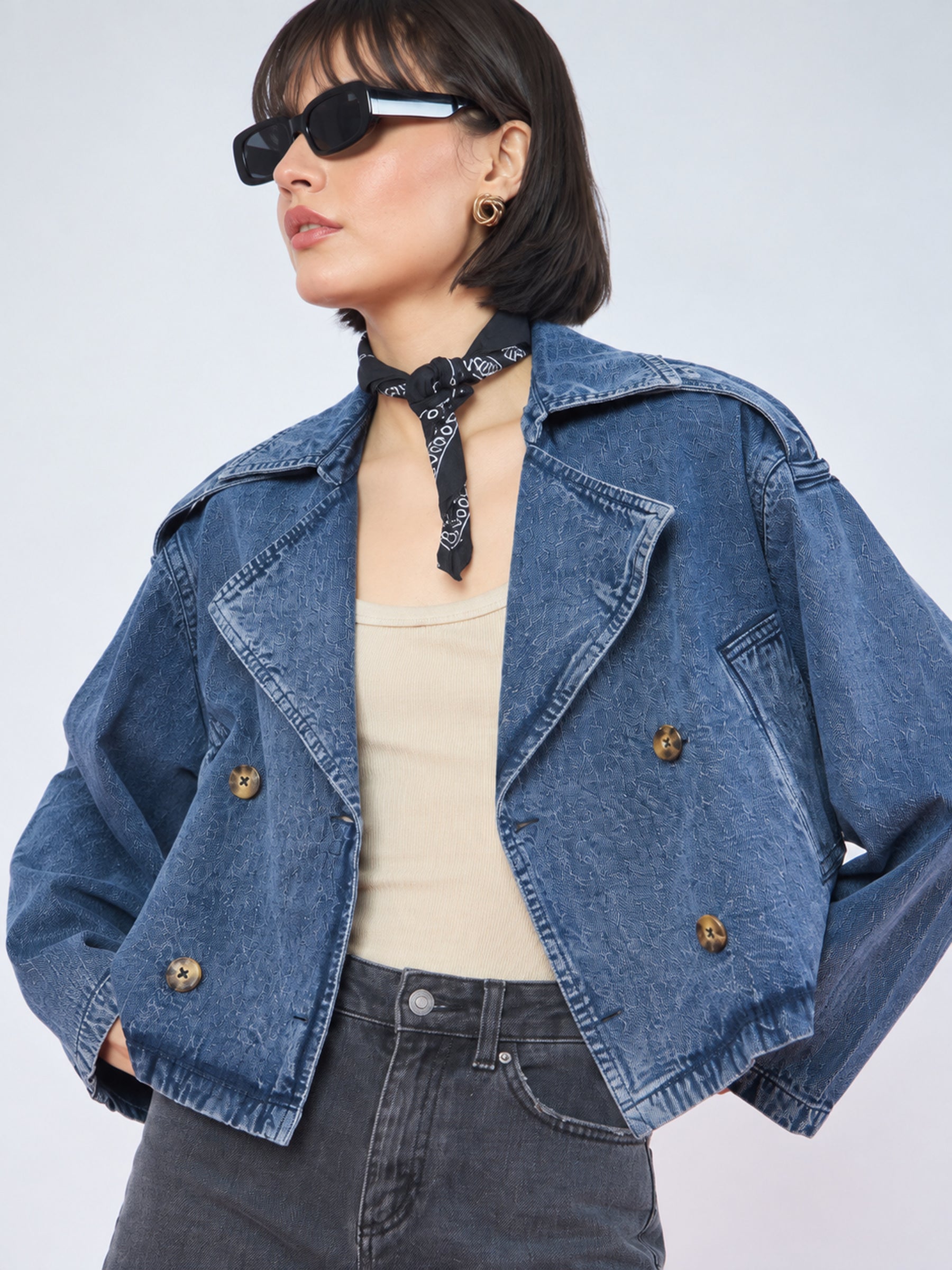 Blue Wash Denim Double-Breasted Crop Blazer-SASSAFRAS